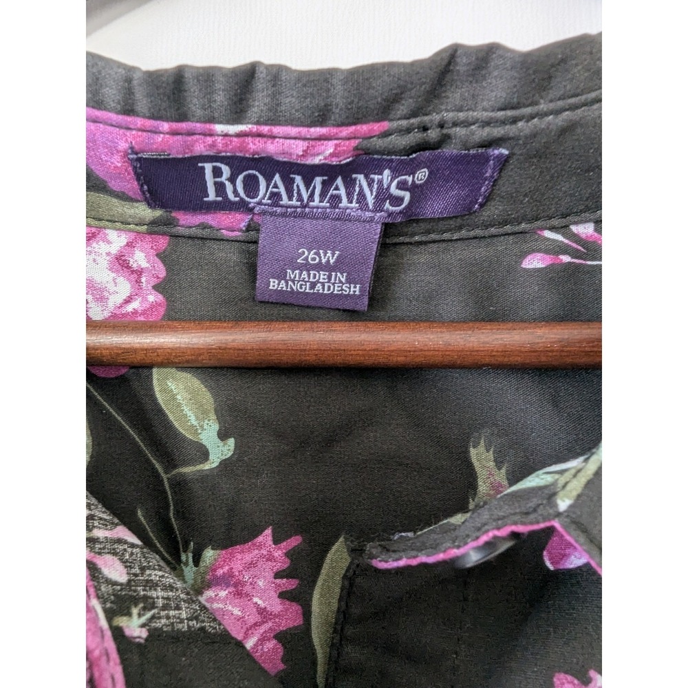 Roamans Womens Dark Floral Button Up Shirt Plus Size 26W Black Pink Long Sleeves - Picture 4 of 8